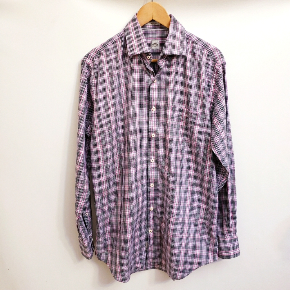 Peter Millar Plaid Pink & Black Collared Button Up Cotton Long Sleeve Shirt Sz M